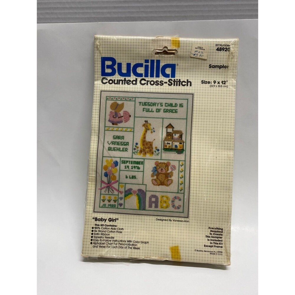 8A Bucilla Counted Cross-Stitch Sampler "Baby Girl" - Pastel Pink & Yellow